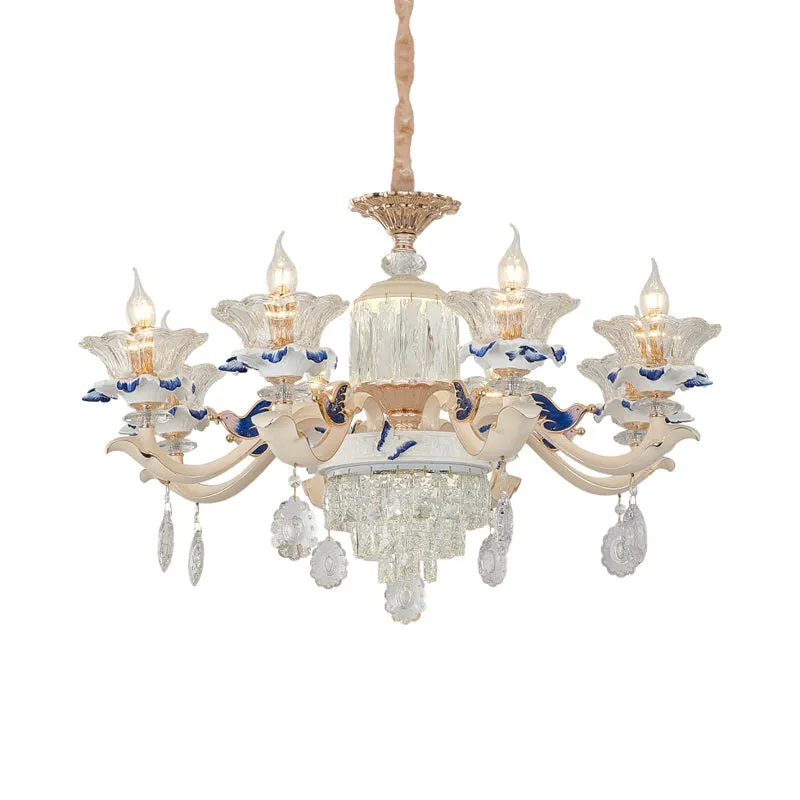 Modern Rose Gold Crystal Chandelier Pendant - 6/8 Lights, Blooming Bedroom Suspension Lamp with Ceramic Bobeche