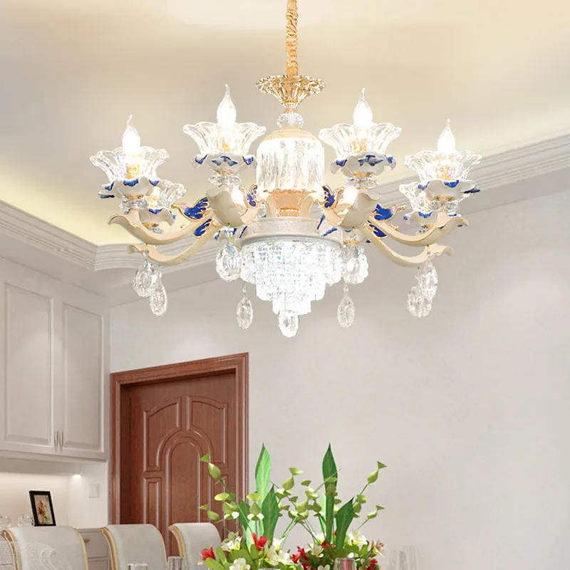 Modern Rose Gold Crystal Chandelier Pendant - 6/8 Lights, Blooming Bedroom Suspension Lamp with Ceramic Bobeche