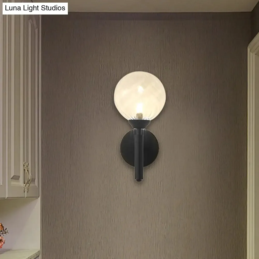 Modern Round 1-Light Black Sconce Light - Textured Glass Wall Lamp for Bedroom