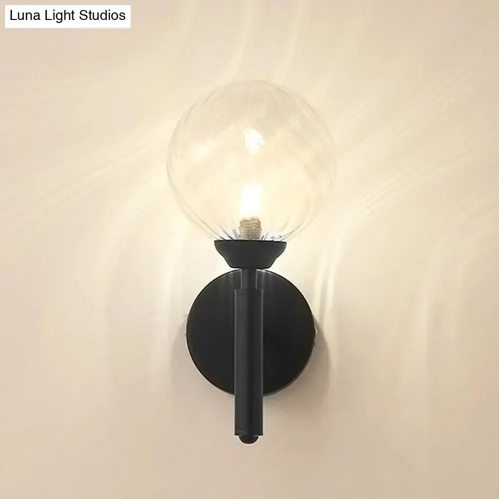 Modern Round 1-Light Black Sconce Light - Textured Glass Wall Lamp for Bedroom