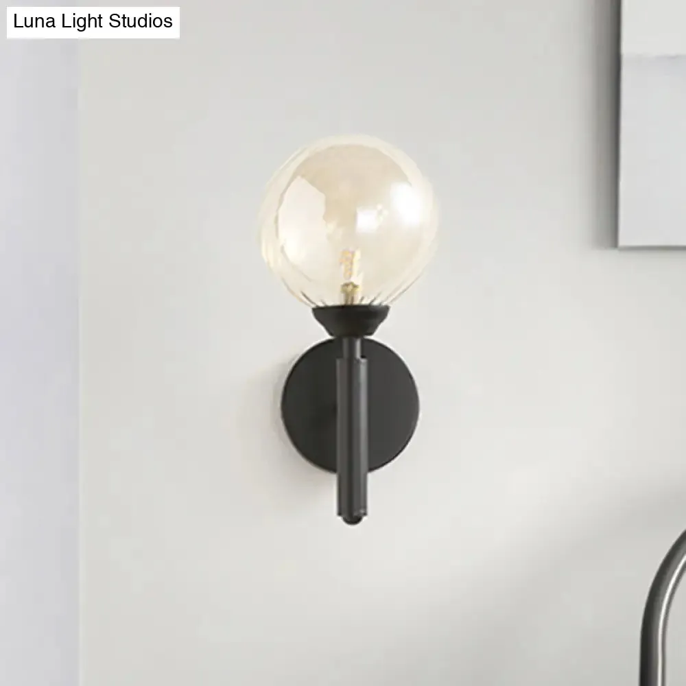 Modern Round 1-Light Black Sconce Light - Textured Glass Wall Lamp for Bedroom