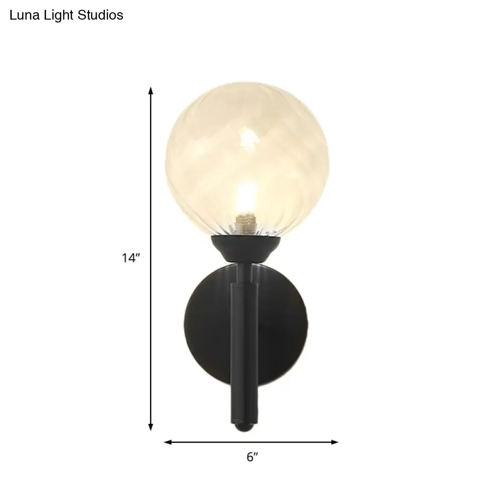 Modern Round 1-Light Black Sconce Light - Textured Glass Wall Lamp for Bedroom