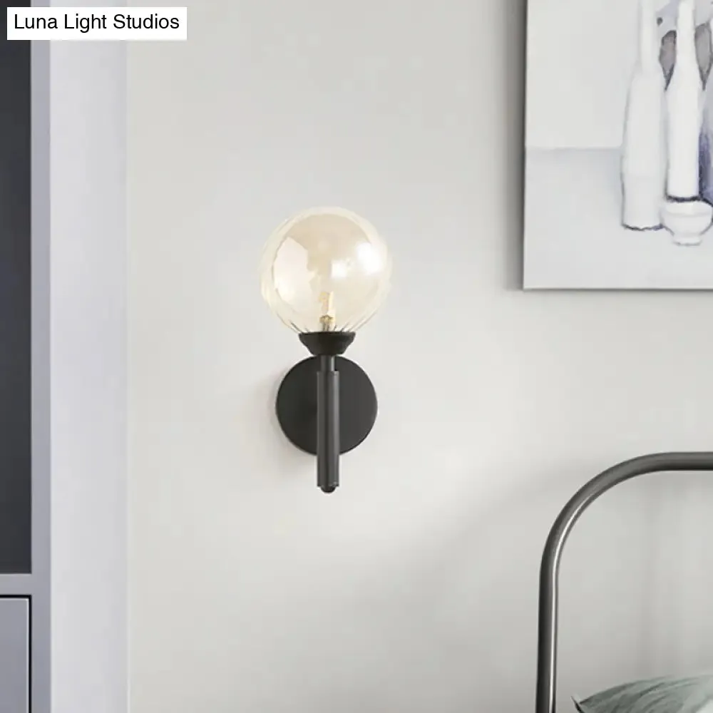 Modern Round 1-Light Black Sconce Light - Textured Glass Wall Lamp for Bedroom