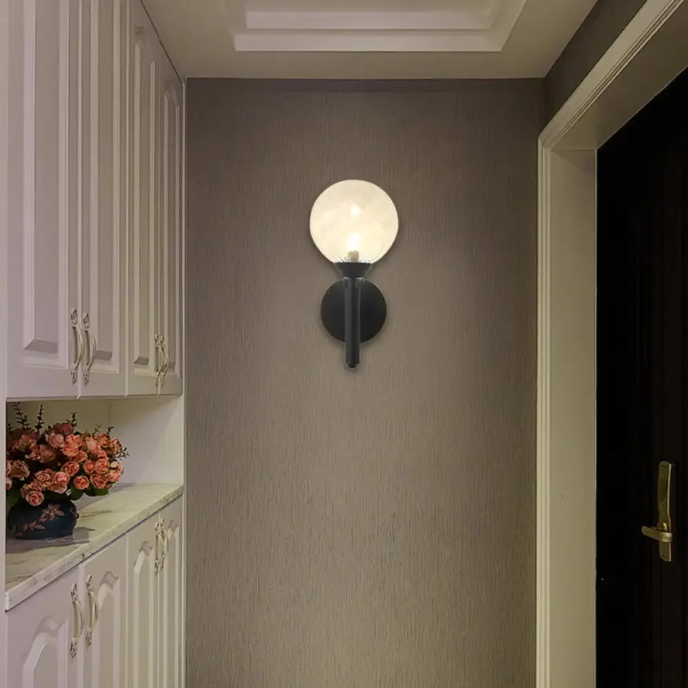 Modern Round 1-Light Black Sconce Light - Textured Glass Wall Lamp for Bedroom