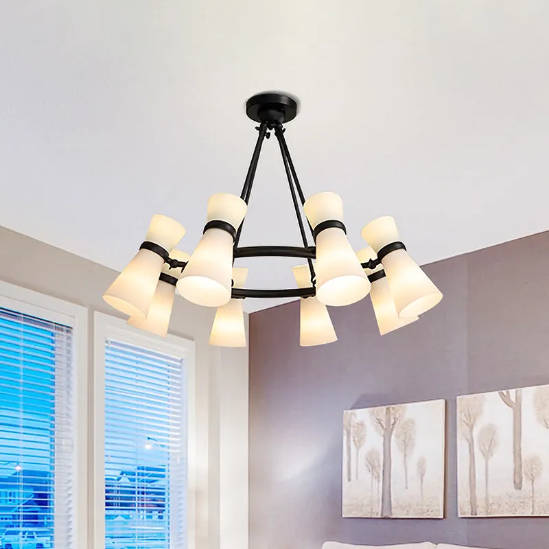 Modern Wide Flare Ceiling Chandelier with Opal Glass - 16 Bulbs, Black/Gold