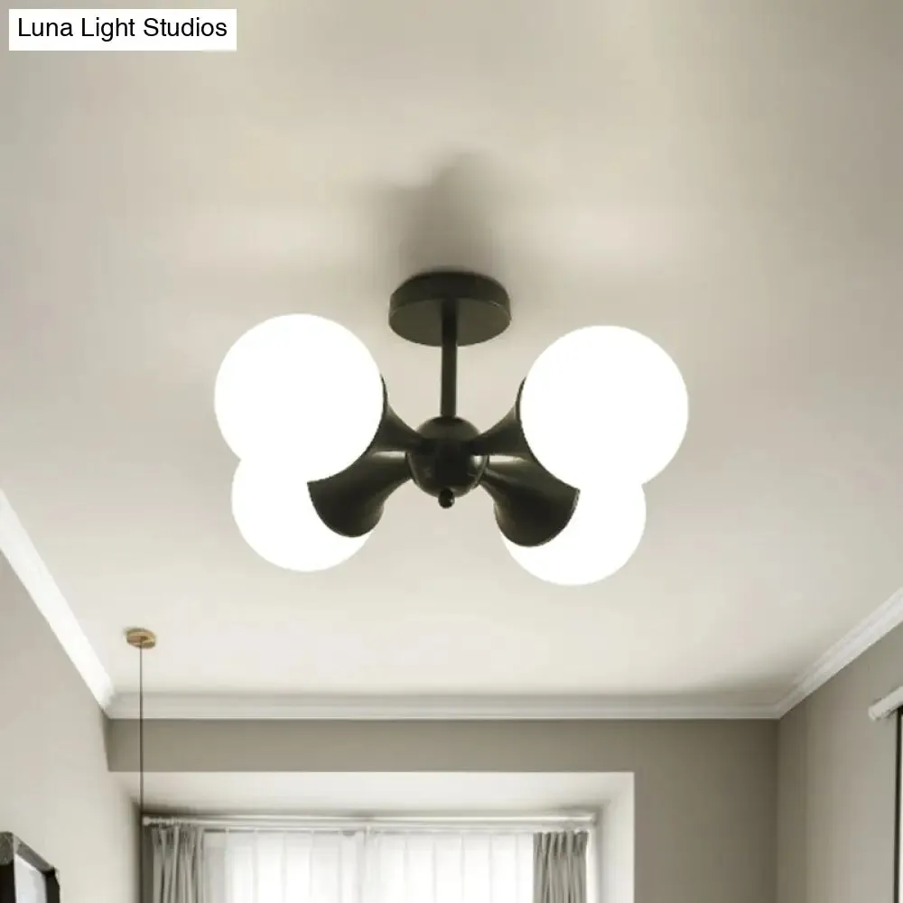 Modernist Flush Ceiling Lamp with Black Finish, 4-Bulb Semi Mount Lighting and Milk White Glass