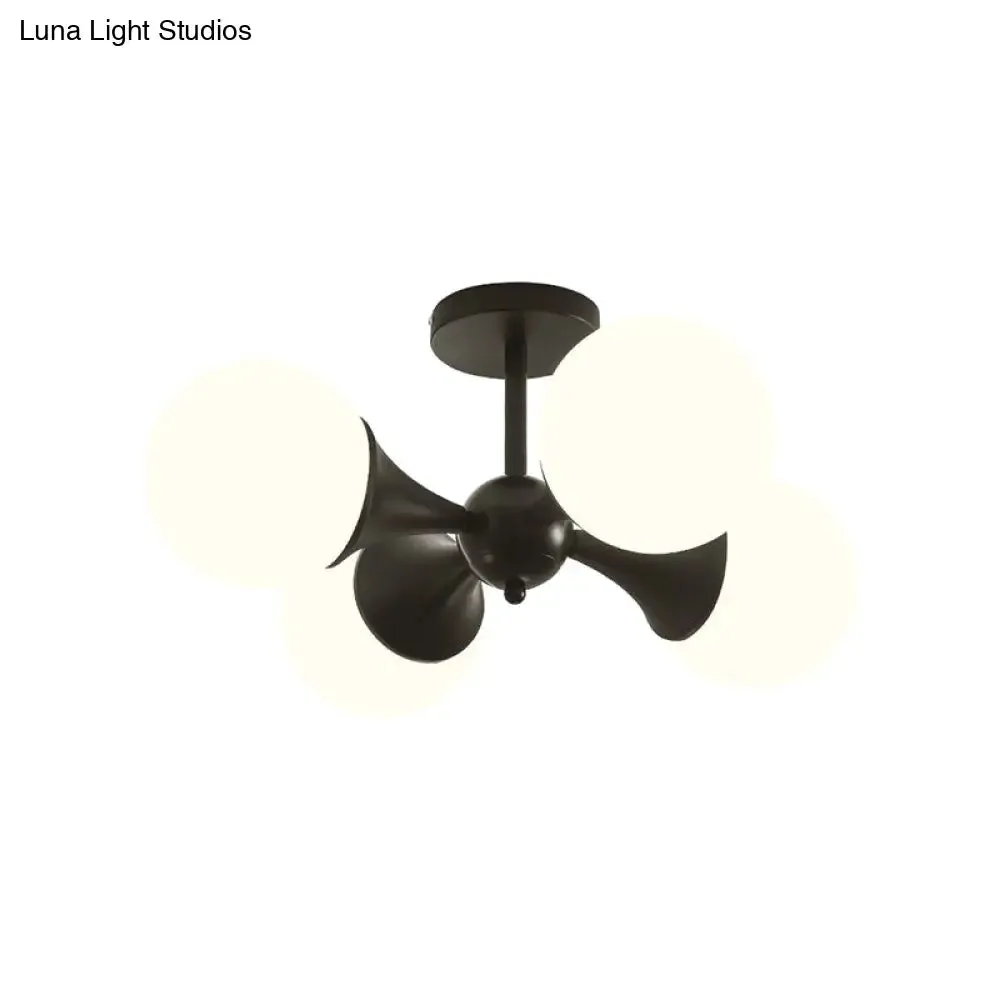 Modernist Flush Ceiling Lamp with Black Finish, 4-Bulb Semi Mount Lighting and Milk White Glass