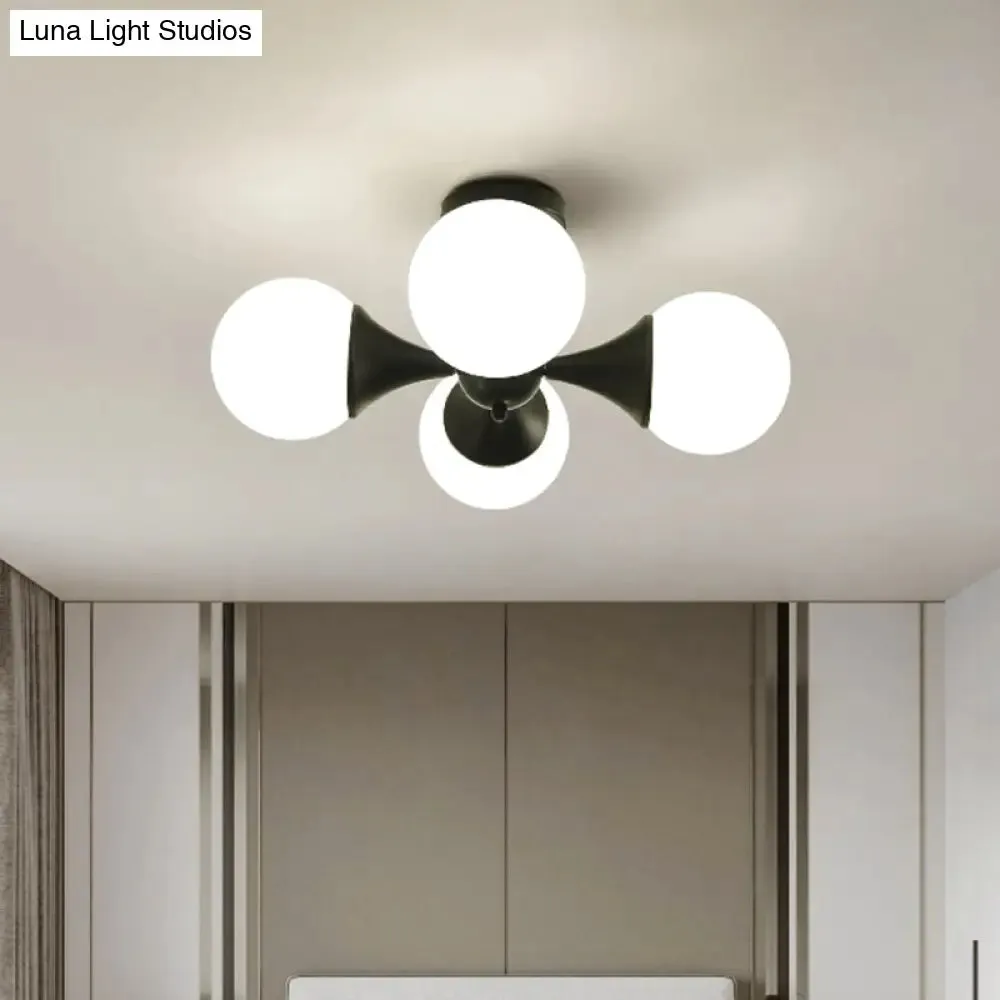 Modernist Flush Ceiling Lamp with Black Finish, 4-Bulb Semi Mount Lighting and Milk White Glass