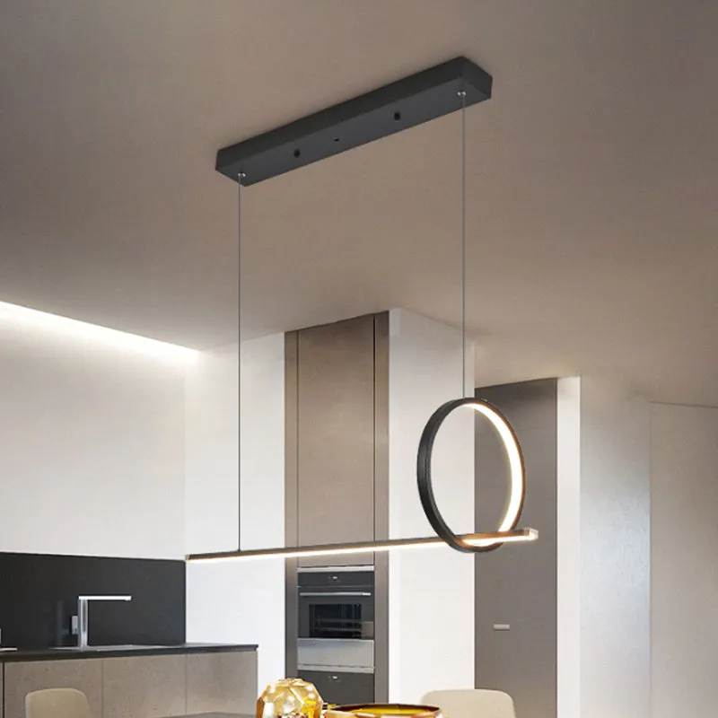 Modernist Linear and Ring LED Island Chandelier in Black for Dining Room