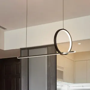 Modernist Linear and Ring LED Island Chandelier in Black for Dining Room