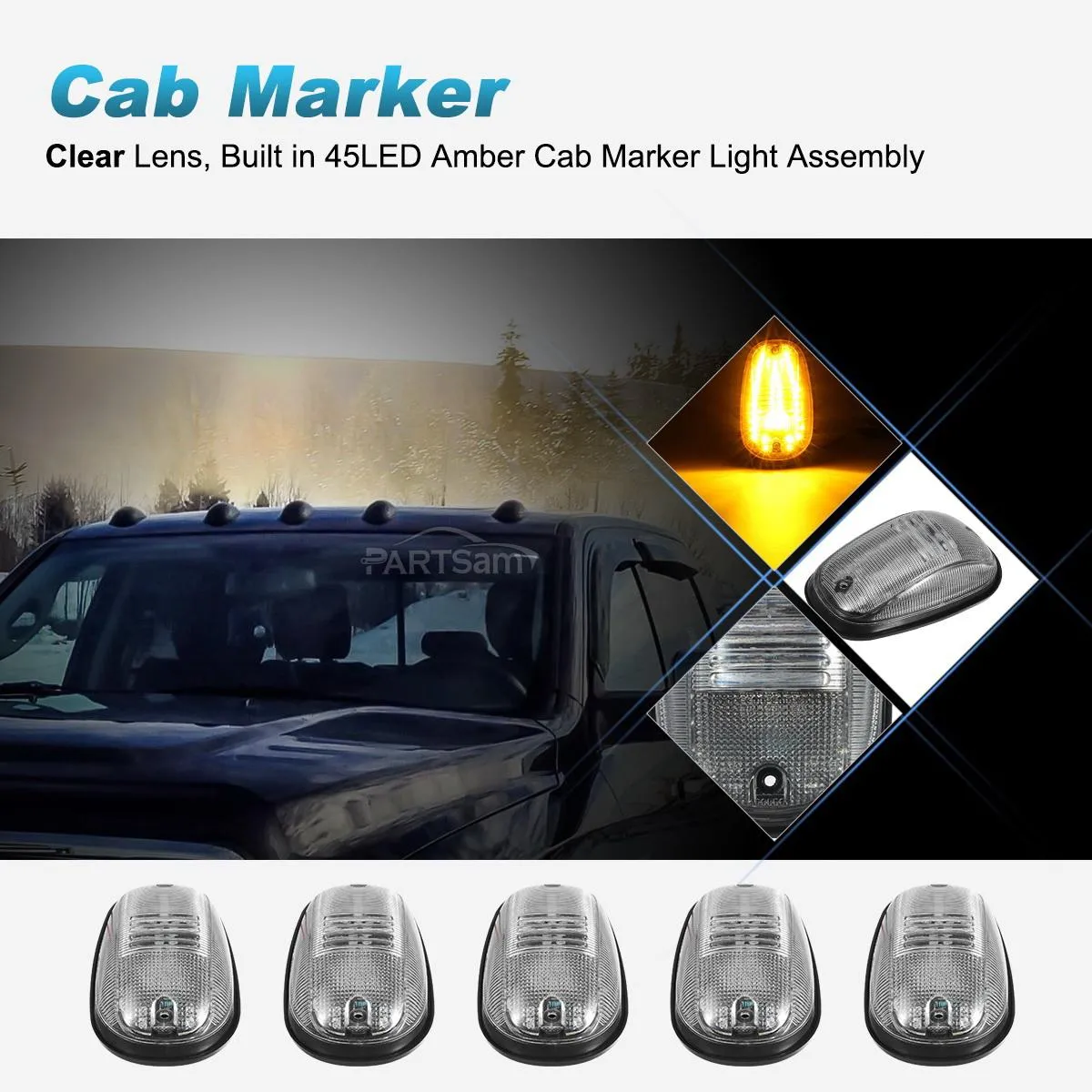 Partsam 5PCS Cab Marker Clear/Amber 45LED Top Roof Light Compatible with Dodge Ram 1500 2500 3500 4500 5500 Pickup 2003 2004 2005 2006 2007 2008 2009 2010 2011 2012 2013 2014 2015 2016 2017 2018