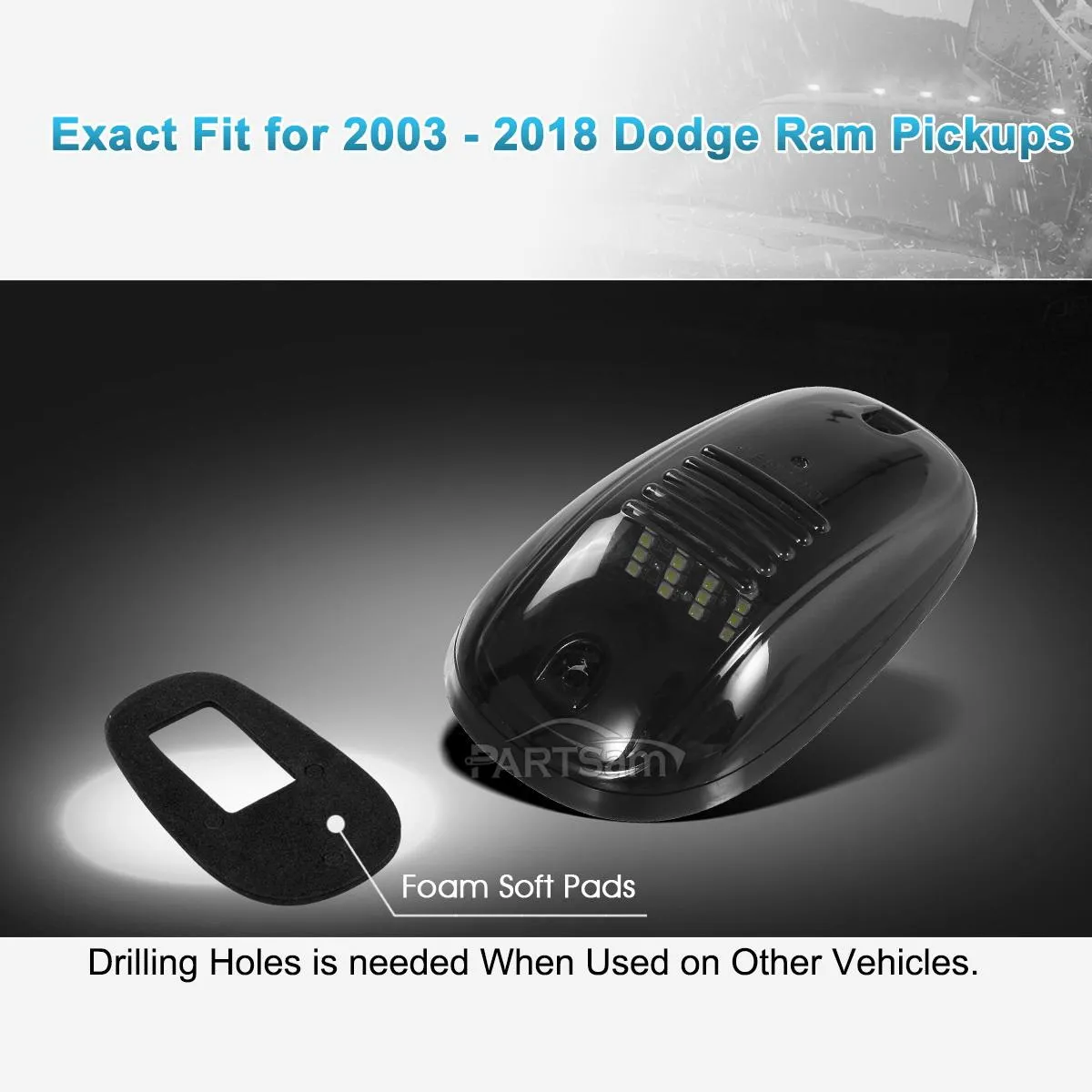 Partsam 5pcs Smoke Cab Marker Top Roof Running LED Light Assembly w/16LED White Cab Light Compatible with Dodge Ram 1500 2500 3500 4500 5500 2003-2018 Pickup Trucks