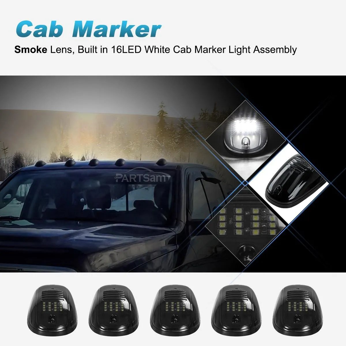 Partsam 5pcs Smoke Cab Marker Top Roof Running LED Light Assembly w/16LED White Cab Light Compatible with Dodge Ram 1500 2500 3500 4500 5500 2003-2018 Pickup Trucks