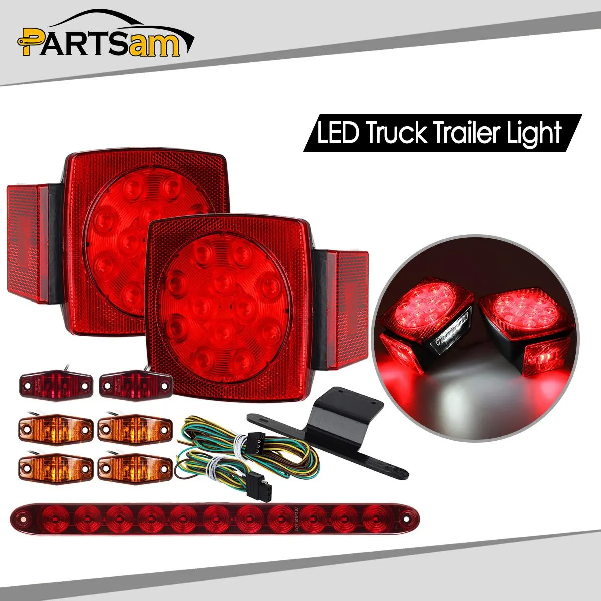 Partsam Submersible Under 80inch LED Trailer Light Kit,Square Stop Turn Tail RV Truck Lights w/Wire &Bracket,Red/Amber Side Fender Marker Lamps,3rd Brake ID Light Bar for Camper Truck RV Boat Snowmobile