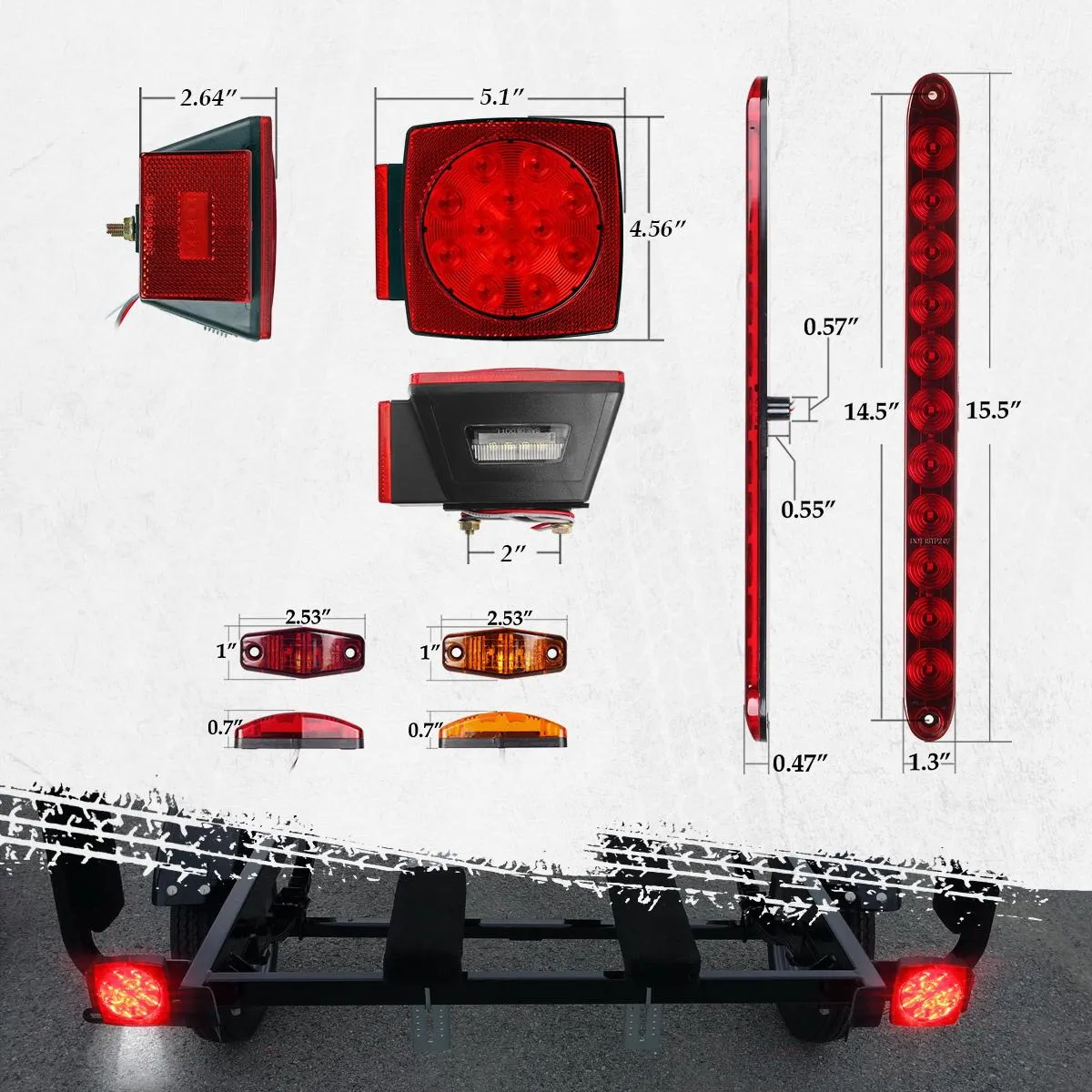 Partsam Submersible Under 80inch LED Trailer Light Kit,Square Stop Turn Tail RV Truck Lights w/Wire &Bracket,Red/Amber Side Fender Marker Lamps,3rd Brake ID Light Bar for Camper Truck RV Boat Snowmobile