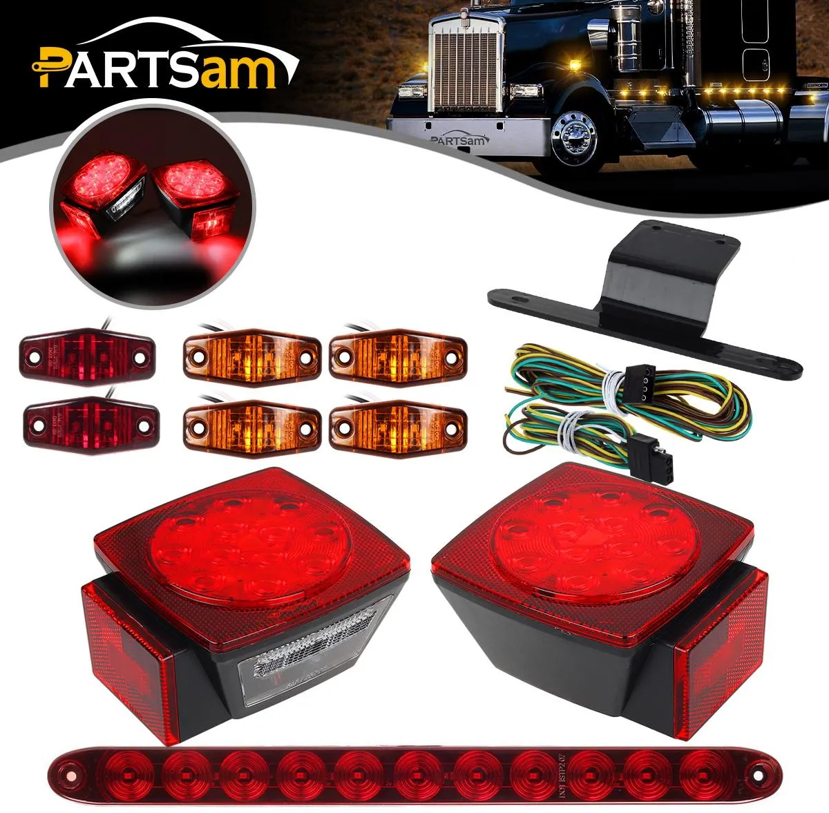 Partsam Submersible Under 80inch LED Trailer Light Kit,Square Stop Turn Tail RV Truck Lights w/Wire &Bracket,Red/Amber Side Fender Marker Lamps,3rd Brake ID Light Bar for Camper Truck RV Boat Snowmobile