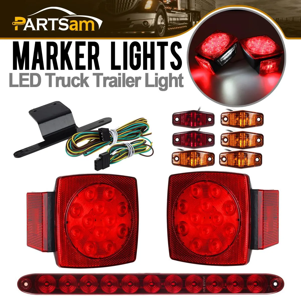 Partsam Submersible Under 80inch LED Trailer Light Kit,Square Stop Turn Tail RV Truck Lights w/Wire &Bracket,Red/Amber Side Fender Marker Lamps,3rd Brake ID Light Bar for Camper Truck RV Boat Snowmobile