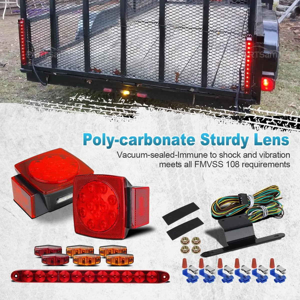 Partsam Submersible Under 80inch LED Trailer Light Kit,Square Stop Turn Tail RV Truck Lights w/Wire &Bracket,Red/Amber Side Fender Marker Lamps,3rd Brake ID Light Bar for Camper Truck RV Boat Snowmobile