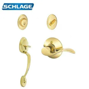 Schlage - F360 Single Cylinder Camelot Door Handleset - w/ Accent Lever - Bright Brass