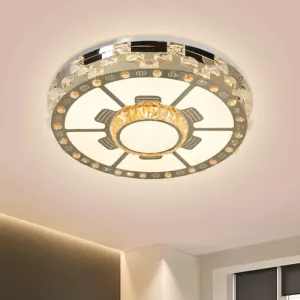 Stainless-Steel LED Round Ceiling Flush Mount Light Fixture with Clear Beveled Crystal Blocks