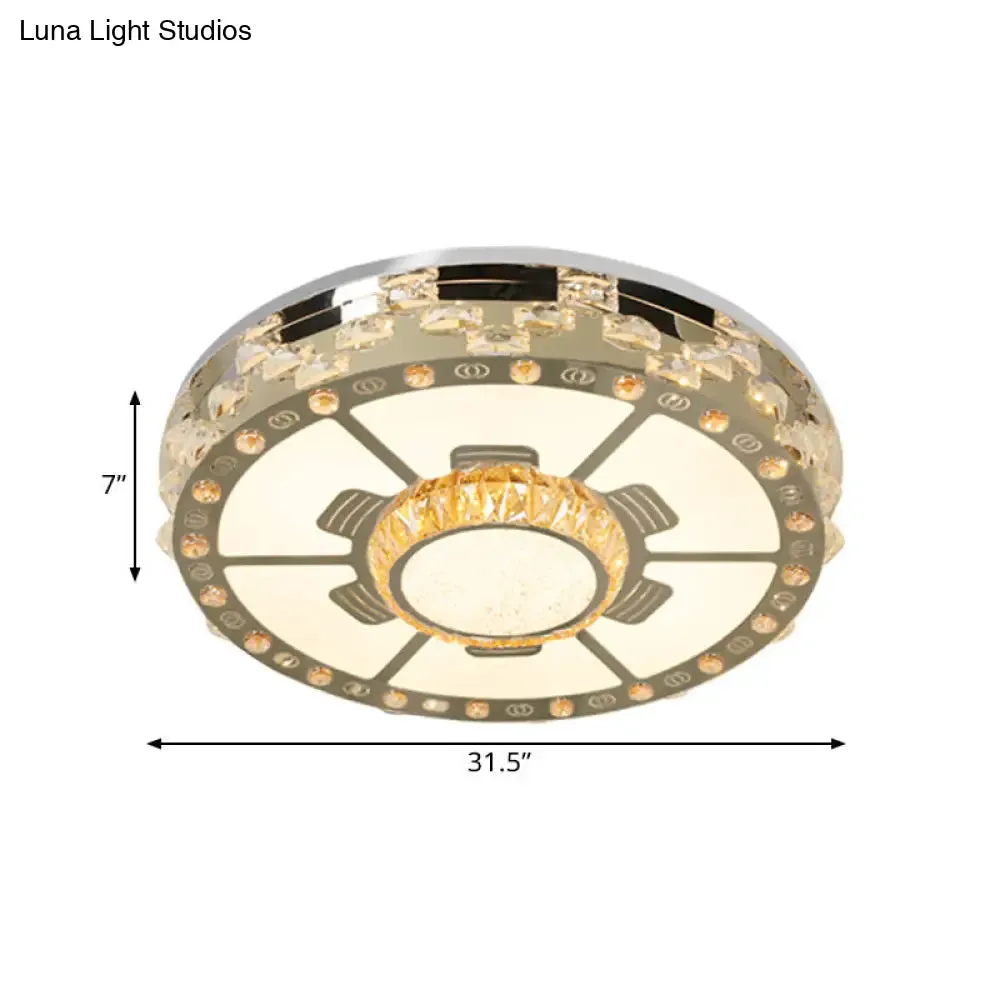 Stainless-Steel LED Round Ceiling Flush Mount Light Fixture with Clear Beveled Crystal Blocks
