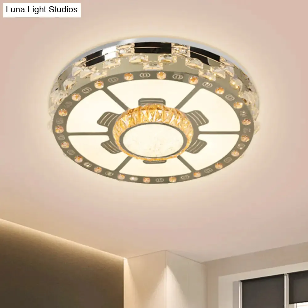 Stainless-Steel LED Round Ceiling Flush Mount Light Fixture with Clear Beveled Crystal Blocks