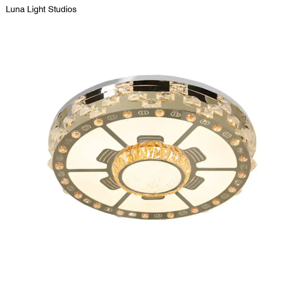 Stainless-Steel LED Round Ceiling Flush Mount Light Fixture with Clear Beveled Crystal Blocks