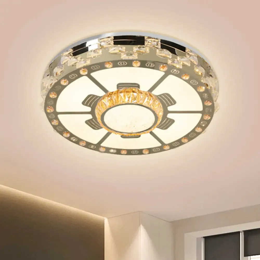 Stainless-Steel LED Round Ceiling Flush Mount Light Fixture with Clear Beveled Crystal Blocks