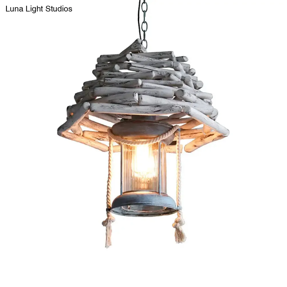 Vintage Wood Lantern Pendant Light - 1-Light Hanging Ceiling Lamp for Foyer - White