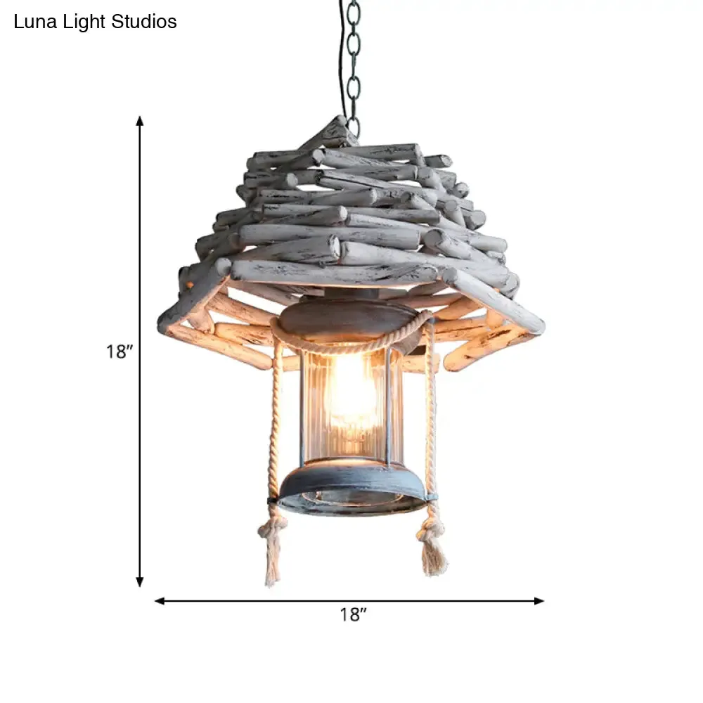 Vintage Wood Lantern Pendant Light - 1-Light Hanging Ceiling Lamp for Foyer - White