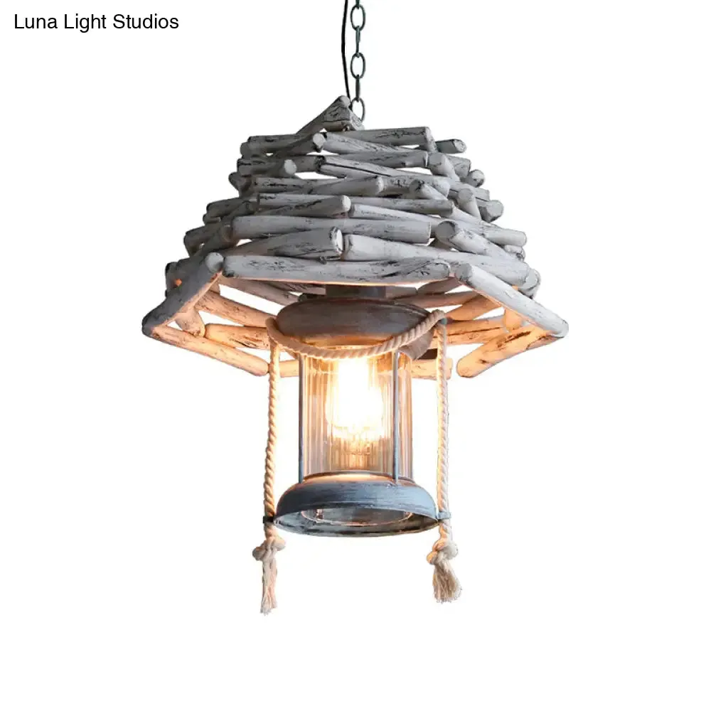 Vintage Wood Lantern Pendant Light - 1-Light Hanging Ceiling Lamp for Foyer - White
