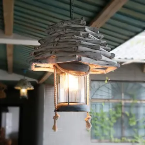 Vintage Wood Lantern Pendant Light - 1-Light Hanging Ceiling Lamp for Foyer - White
