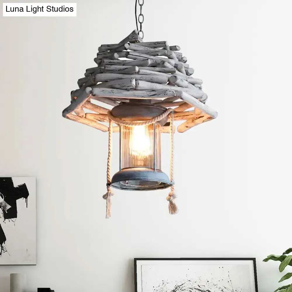 Vintage Wood Lantern Pendant Light - 1-Light Hanging Ceiling Lamp for Foyer - White
