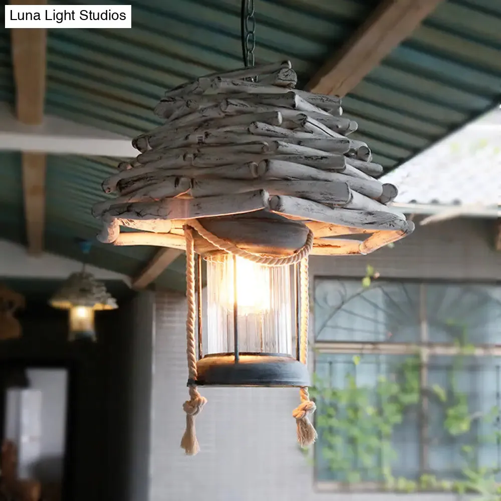 Vintage Wood Lantern Pendant Light - 1-Light Hanging Ceiling Lamp for Foyer - White