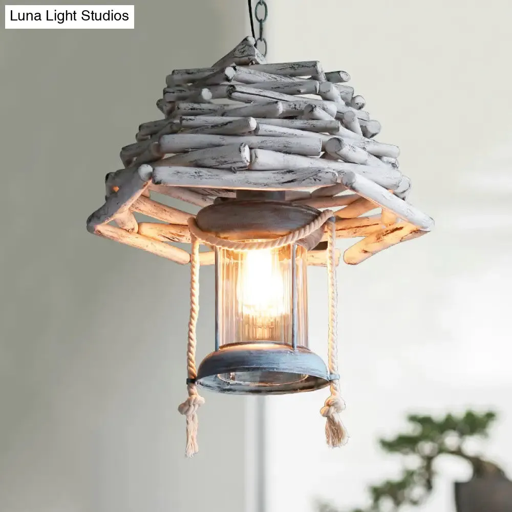 Vintage Wood Lantern Pendant Light - 1-Light Hanging Ceiling Lamp for Foyer - White