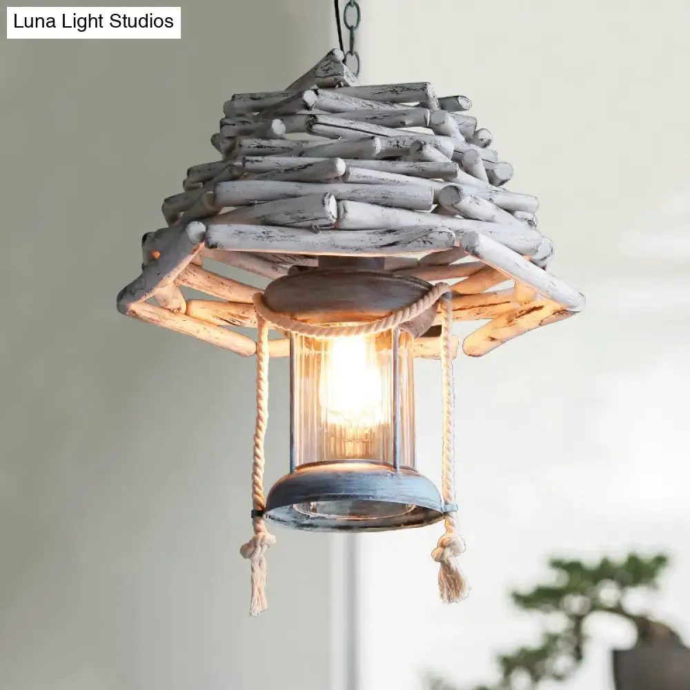 Vintage Wood Lantern Pendant Light - 1-Light Hanging Ceiling Lamp for Foyer - White