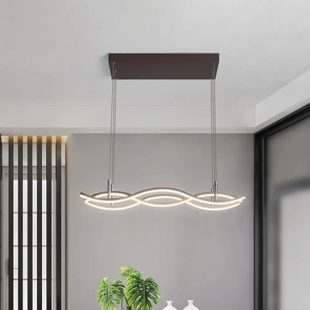 Wavy Metallic Linear Island Pendant LED Light in Coffee with Warm/White Illumination - Minimalist Design